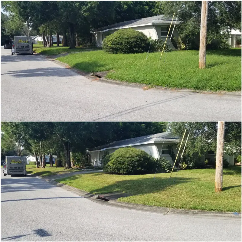 Overgrown corner lot before and after mowing